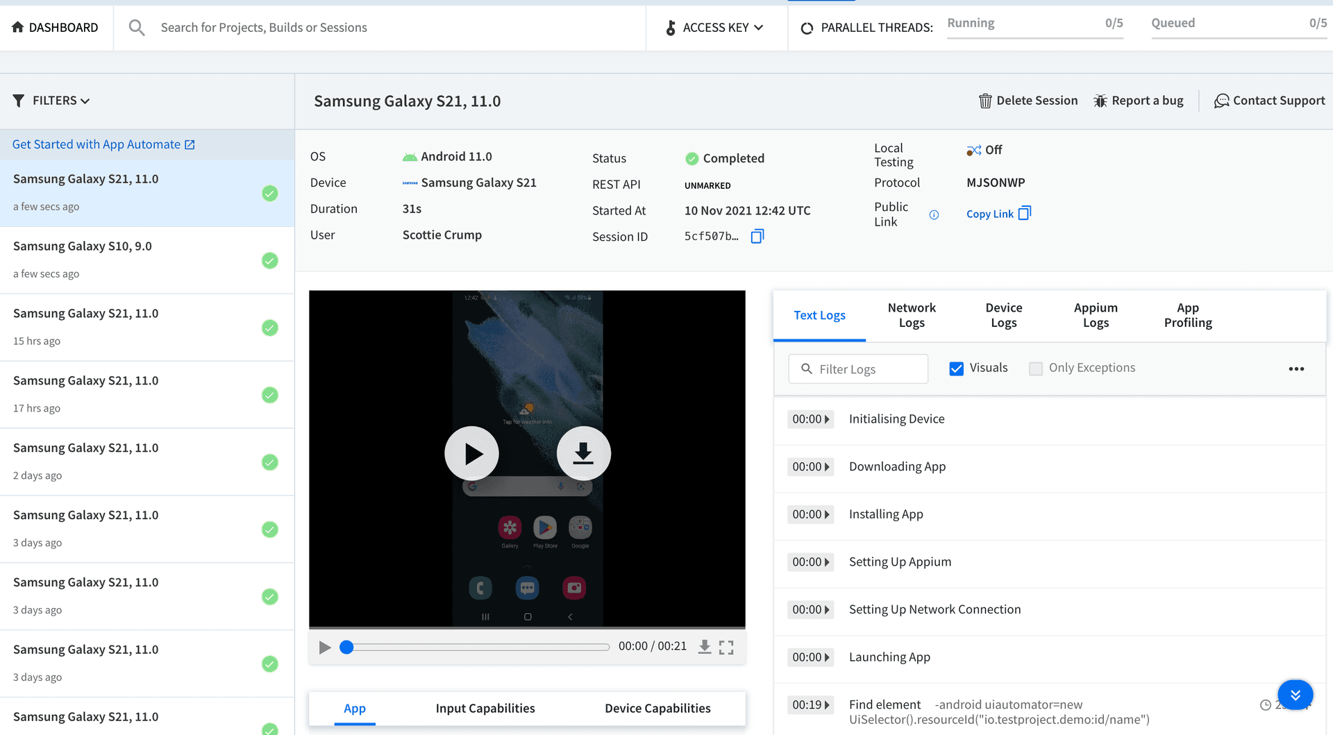 browserStack test results