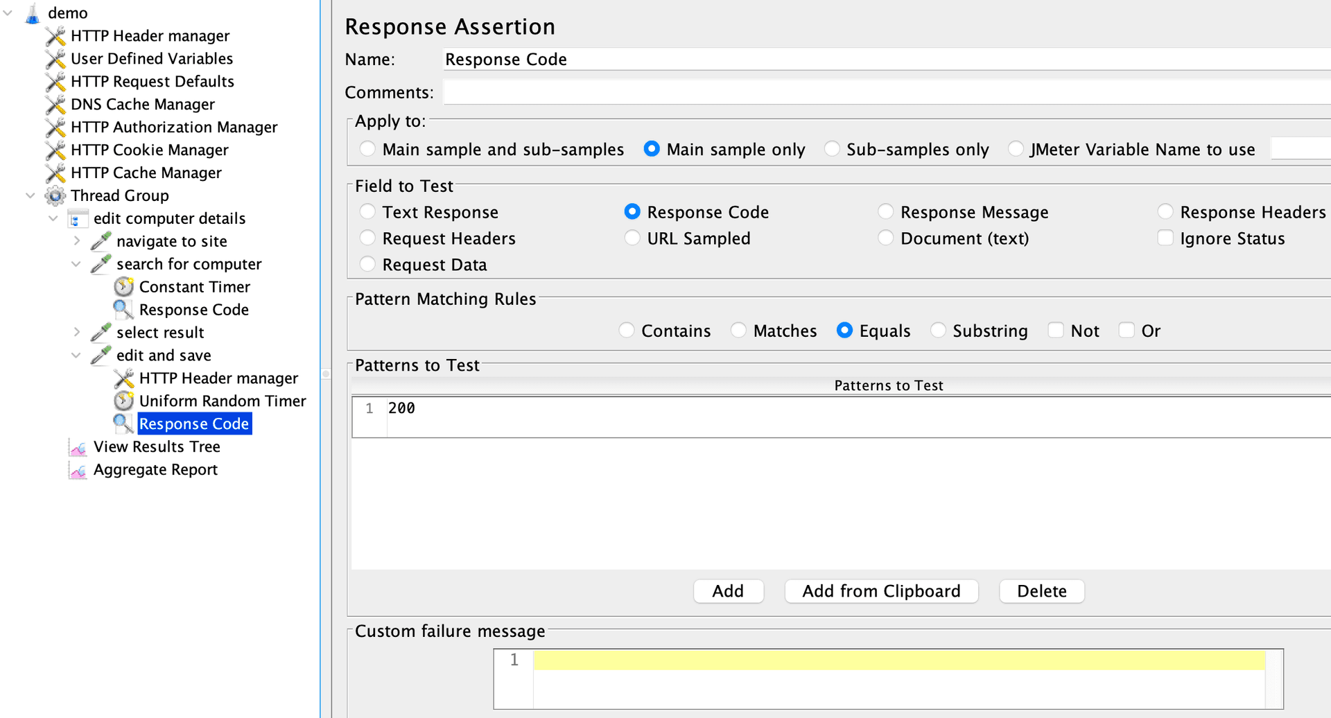 jMeter response code assertion