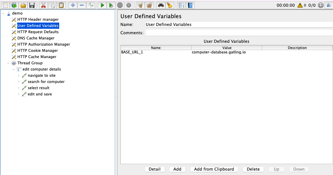 jMeter user defined variables window