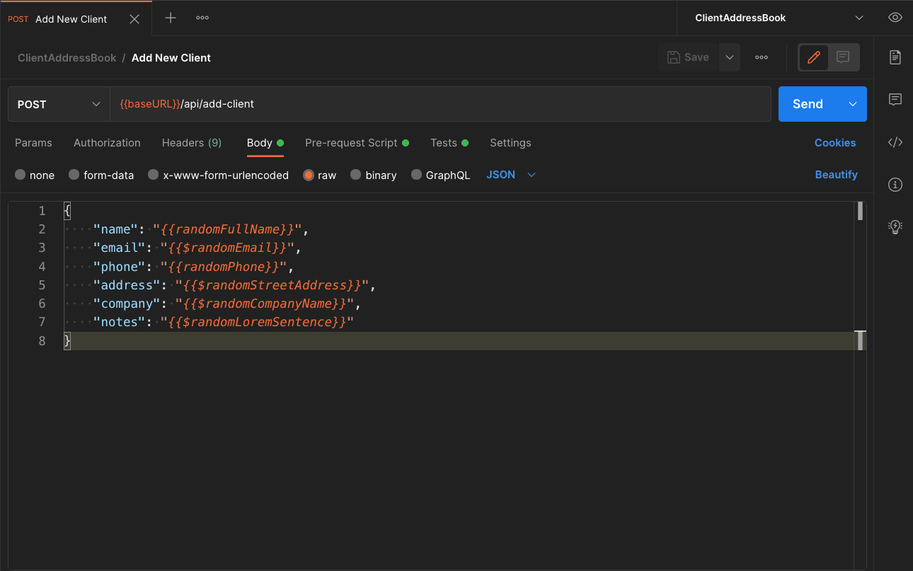 add client request inside postman