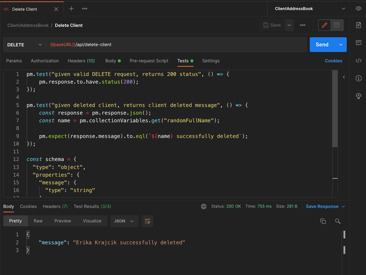 post delete client postman tests