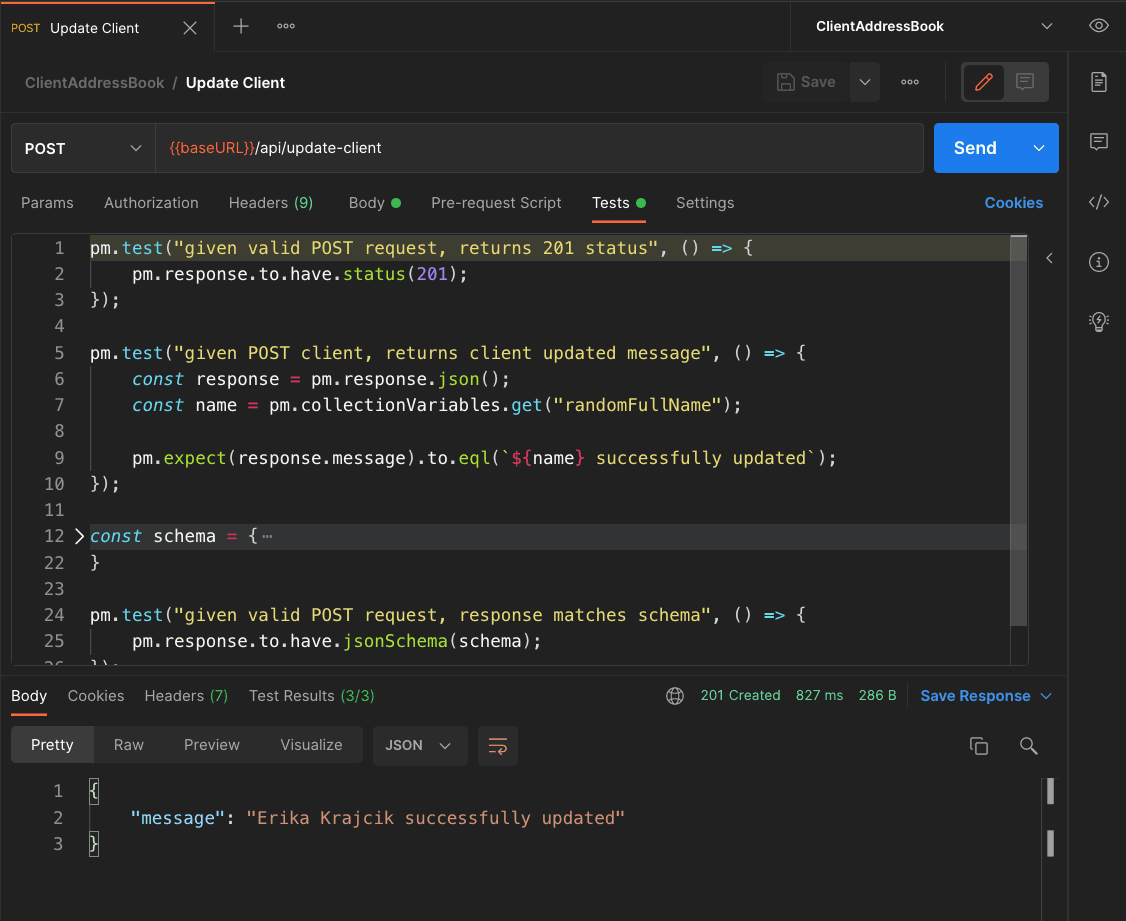 post update client postman tests